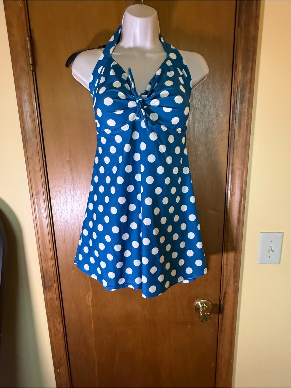 COCOSHIP Blue and White Polka Dot Halter Swimdress - Picture 2 of 8